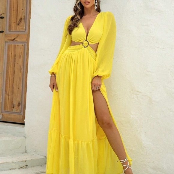 Yellow Plunging Neck Lantern Sleeve O-ring Detail Split Thigh Dress - Picture 3 of 5